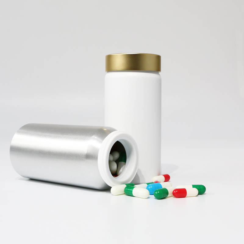 empty aluminum health care supplements medicine pills bottle 150ml for 60pcs capsules Featured Image